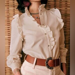 Sezane Eva Shirt Mottled Ecru Size 36 French / US 4 Ruffle Button Top Blouse
